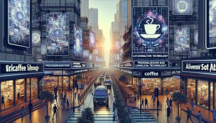 A futuristic cityscape with AI-driven billboards and a Delhi coffee shop displaying geo-targeted ads.