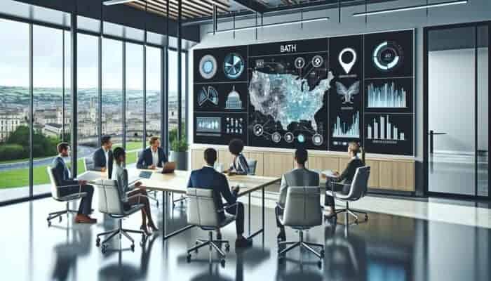 Modern office in Bath with digital city map, SEO analytics, and team strategizing local business optimization.