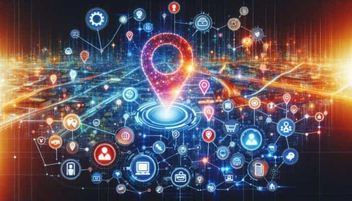 A vibrant digital map of Bath with highlighted business locations and glowing icons representing online platforms and directories.