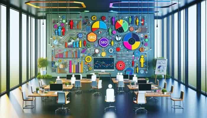 A modern digital marketing office in Tidworth with SEO analytics on screen, local business owners collaborating, and a highlighted map of Tidworth.