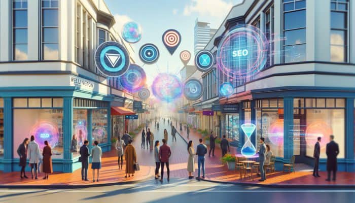 A Wellington street scene depicting small shops, showcasing SEO analytics, with experts discussing strategies and customers engaging with digital interfaces.