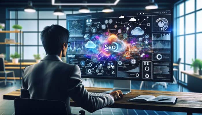 A small business owner analysing competitor SEO strategies on a computer using SEMrush and SpyFu in a modern office environment.