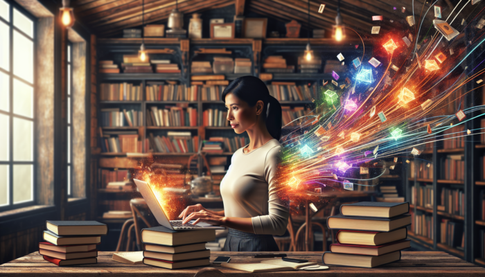 Focused business owner in a Nailsworth bookstore reviews Google Analytics on laptop, showing a 25% SEO sales surge amid books and charts.