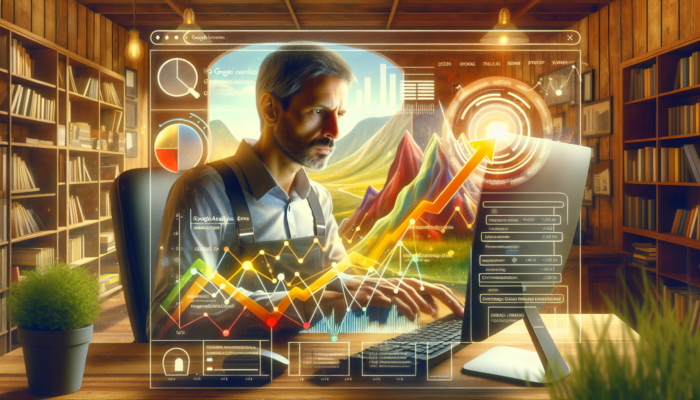 A focused small business owner in a cozy Stonehouse office analyses rising Google Analytics graphs of website traffic, user behavior, and conversions, symbolizing SEO success.