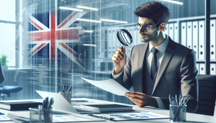 A focused business professional in a modern Devizes office examines agency proposals with a magnifying glass, surrounded by documents, budget charts, and a Union Jack flag.
