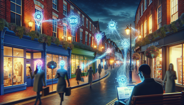 Bustling Cheltenham high street at dusk: shops illuminated by glowing SEO graphs, arrows from smartphones to storefronts, and a business owner optimizing a laptop.